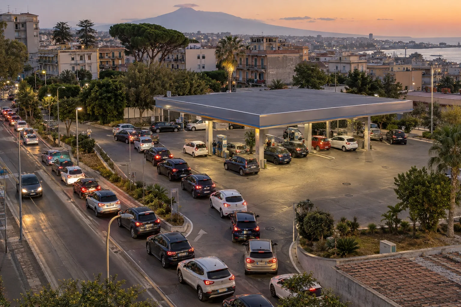 Drone riprende lunghe file di auto a Catania dopo il tetto ai prezzi di Eni