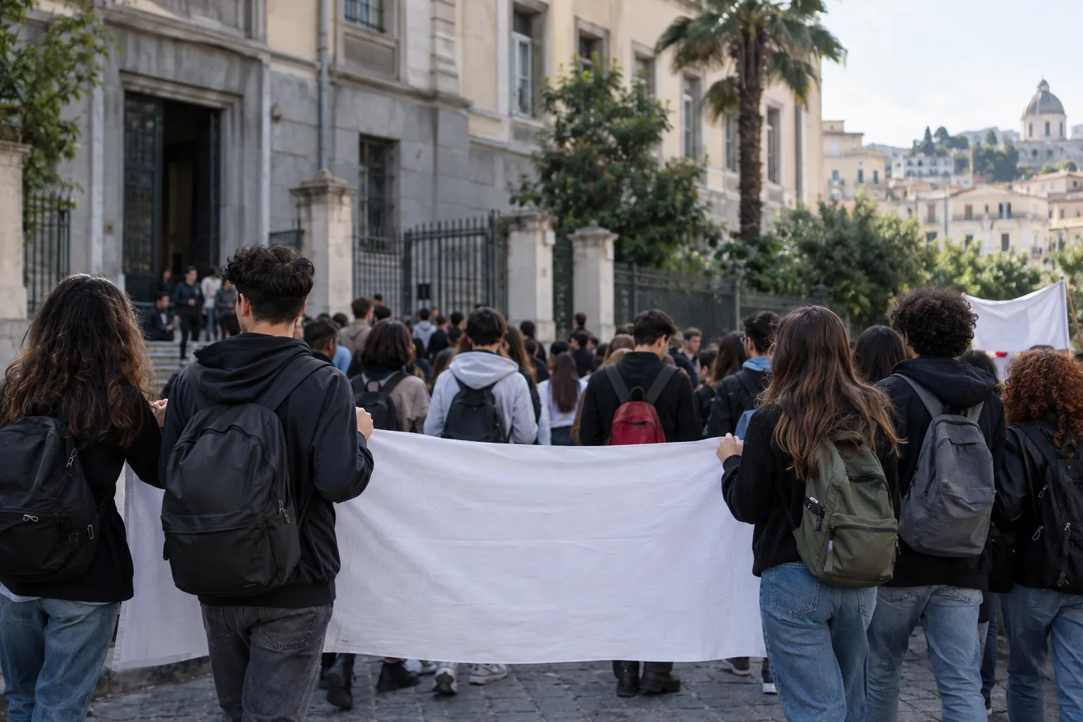Studentesse e studenti di Kaos a Napoli espongono lo striscione "Qui Nessuno è straniero"