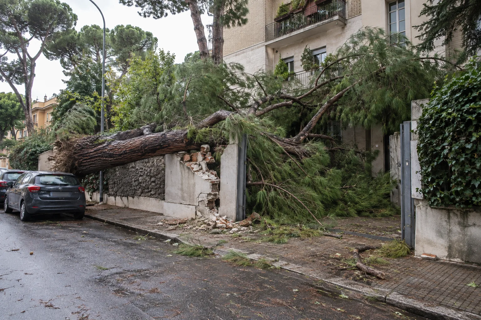 Cade un pino secolare in via di Trasone: muro di cinta abbattuto e accesso di una palazzina ostruito