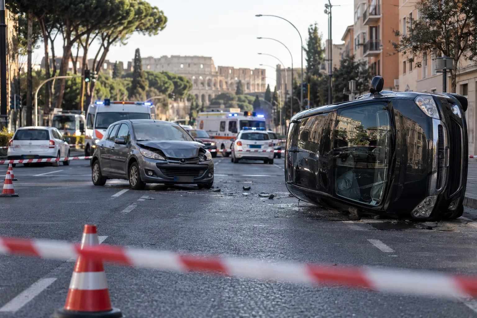 Incidente in via Prenestina: due auto coinvolte, una vettura si ribalta