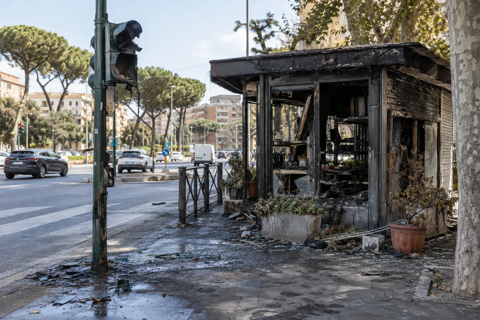 Incendio in via Tiburtina: chiosco di fiori abbandonato avvolto dalle fiamme, danneggiato un semaforo