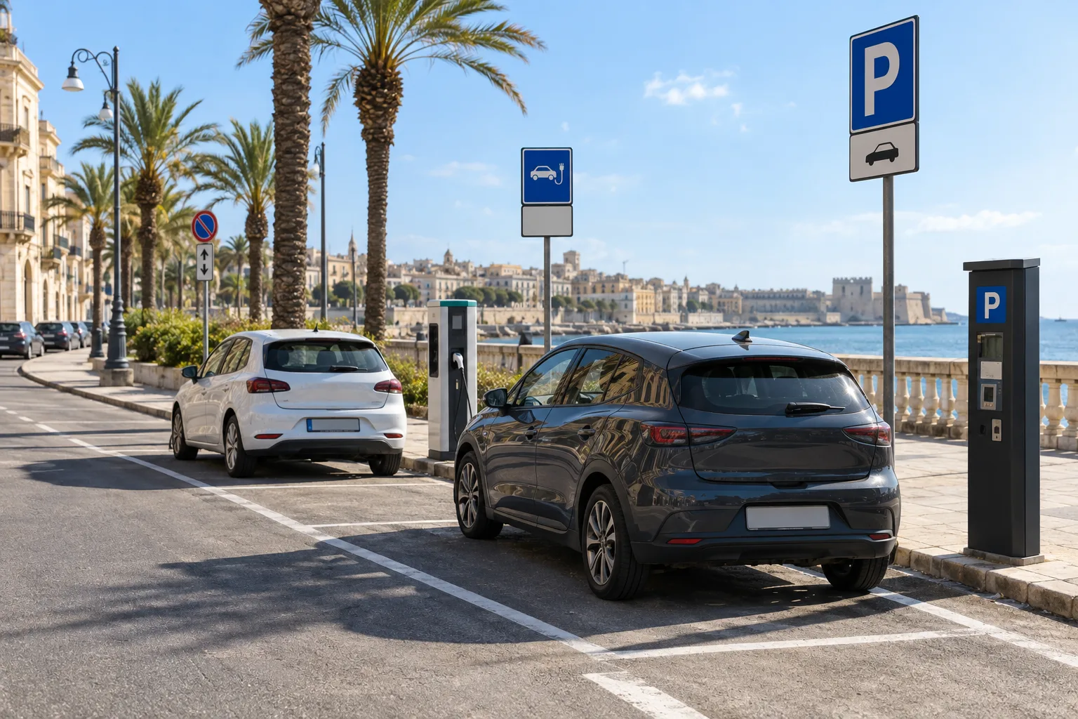Viale Teracati, segnaletica contraddittoria: colonnina per auto elettriche tra strisce bianche e totem EasyPark