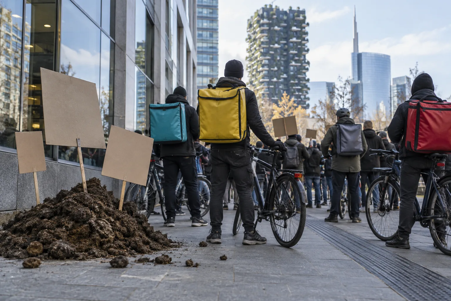 Rider manifestano a Milano: letame simbolico davanti alla sede Glovo in via Pirelli