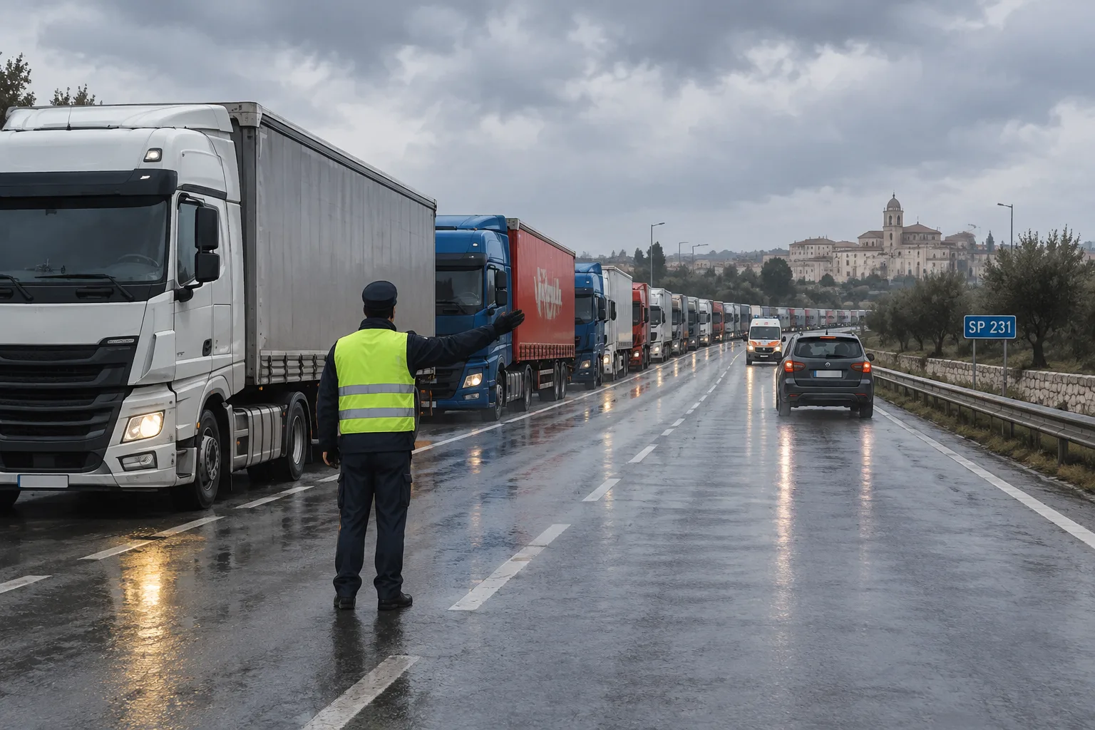 Protesta degli autotrasportatori a Corato: lunga colonna di camion sulla SP 231