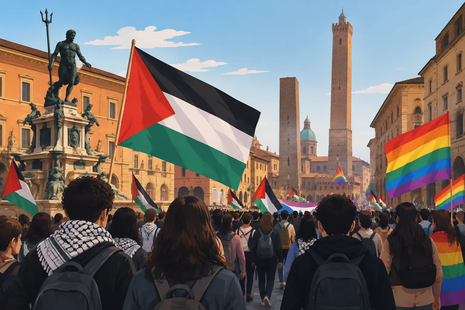 Corteo per la Palestina: partenza da piazza del Nettuno a Bologna