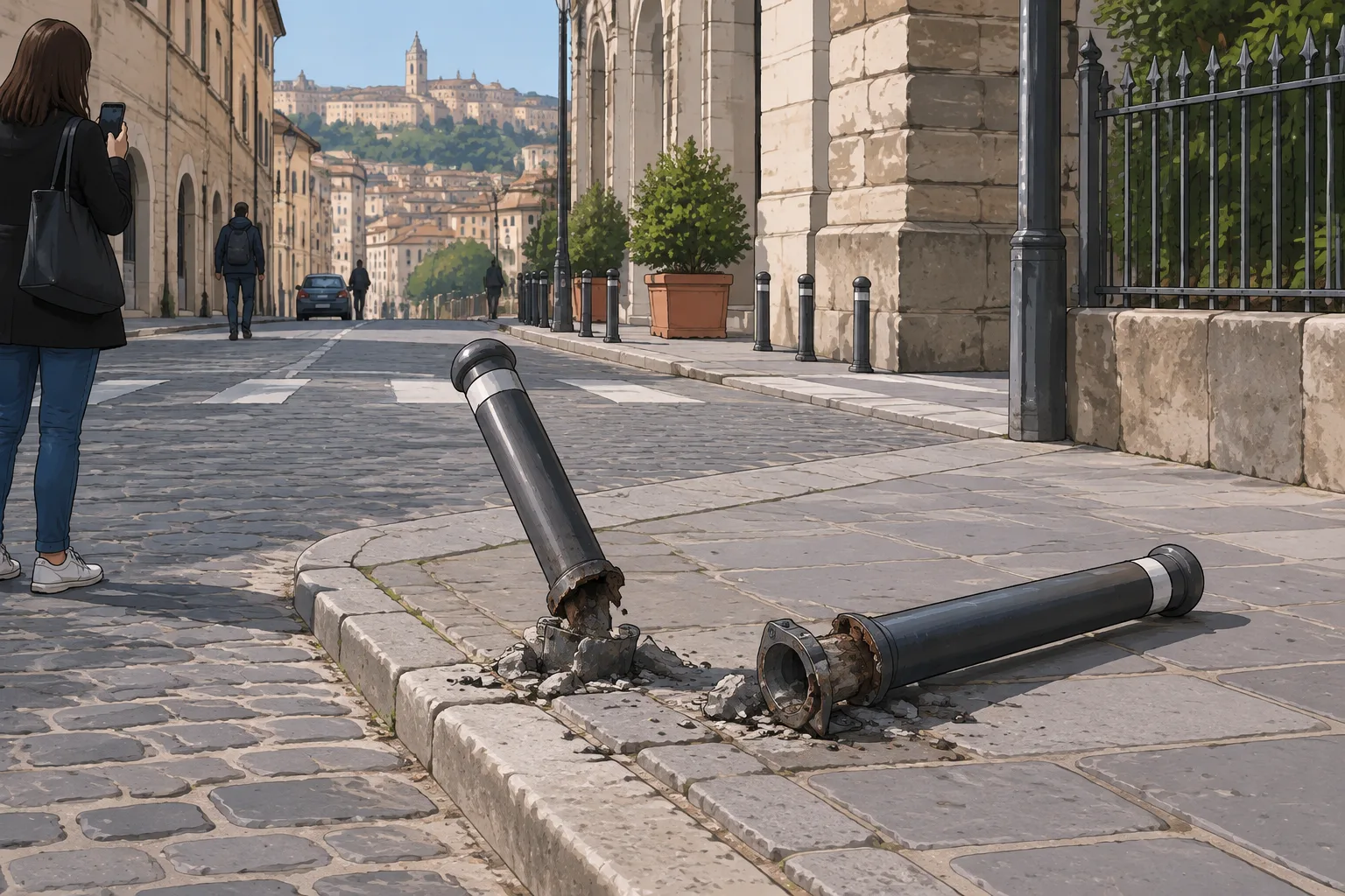 Viale Indipendenza, due paletti anti-sosta tranciati nel centro storico di Perugia