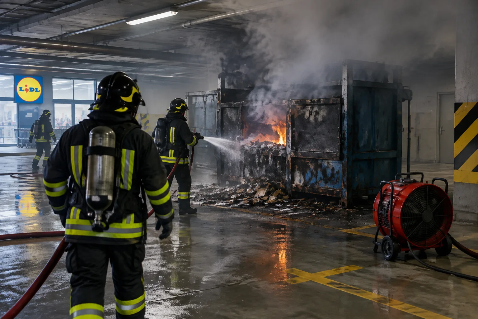 Compattatore per la carta prende fuoco nel parcheggio interrato di un Lidl in via Giovanni Da Cermenate