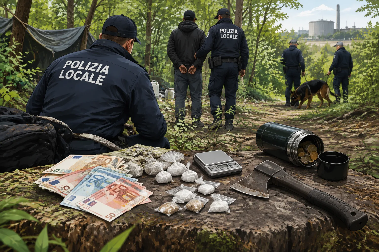 Blitz nel bosco tra via San Dionigi e via Vaiano Valle: sequestrati droga, un'accetta e 582 euro