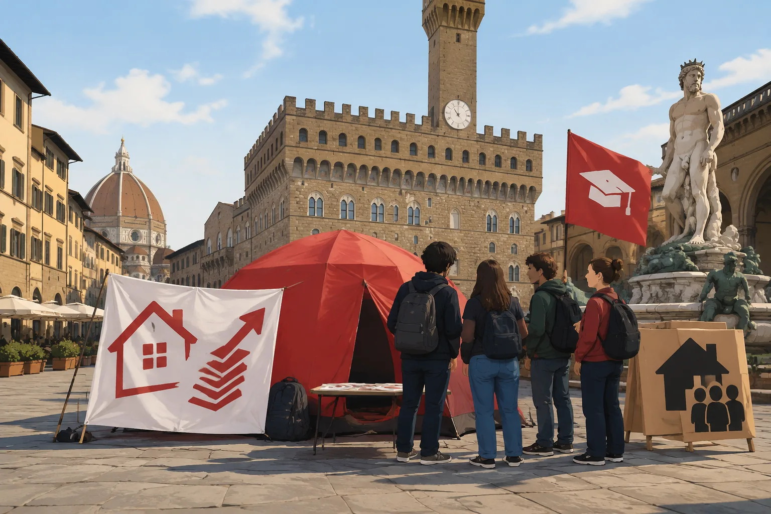 Studenti in tenda in piazza della Signoria: Udu denuncia caro affitti e caro vita