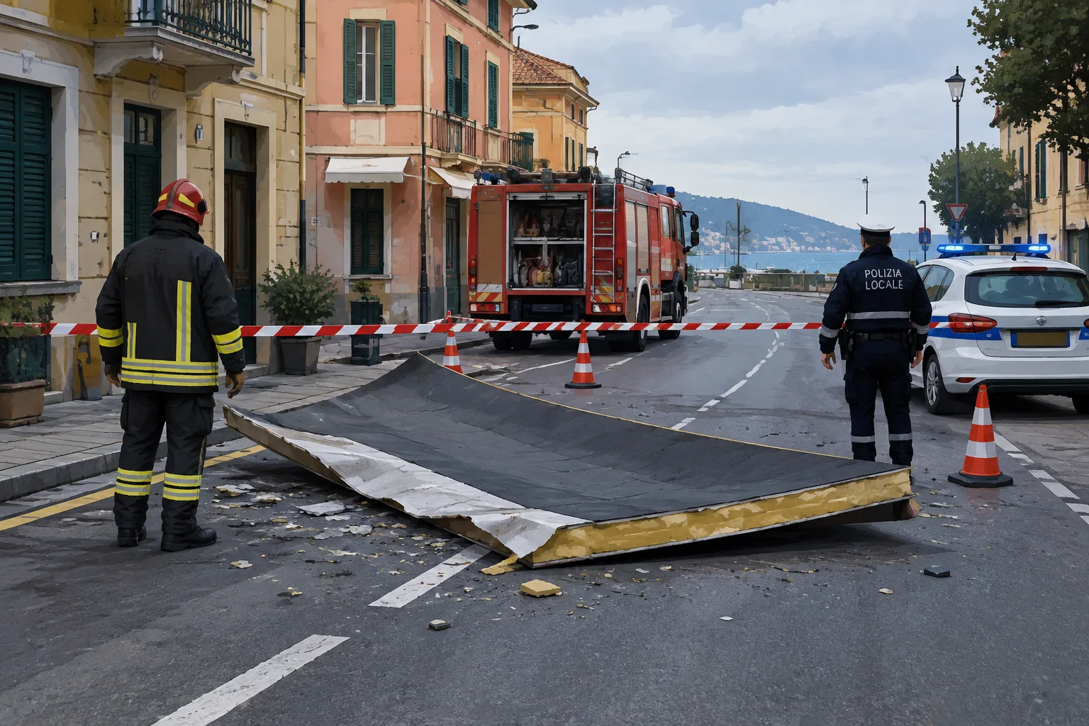 A Chiavari la copertura di un tetto si stacca e finisce in strada: chiuso un tratto di via Bontà