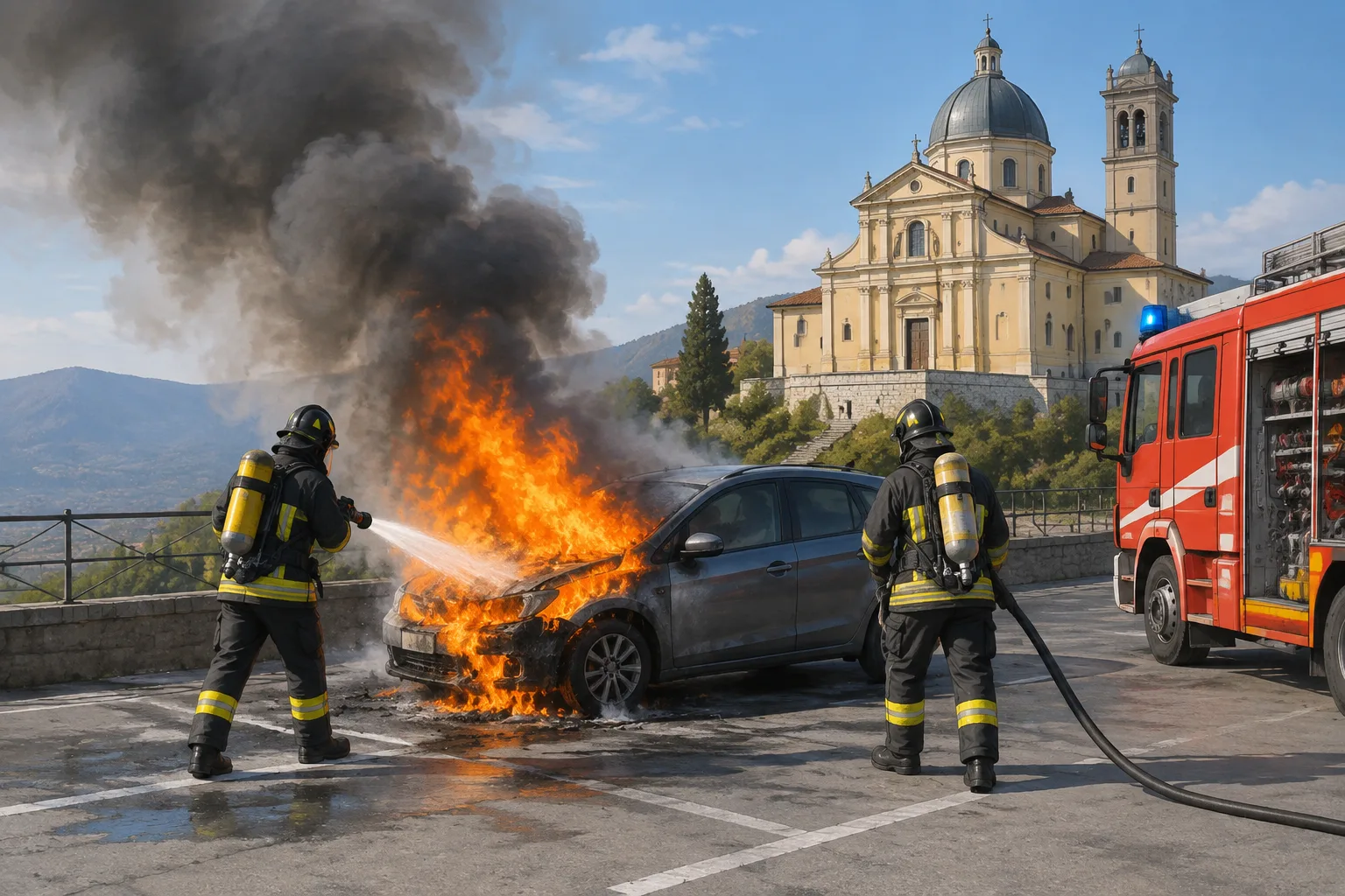 Auto in fiamme davanti al Santuario della Guardia a Ceranesi