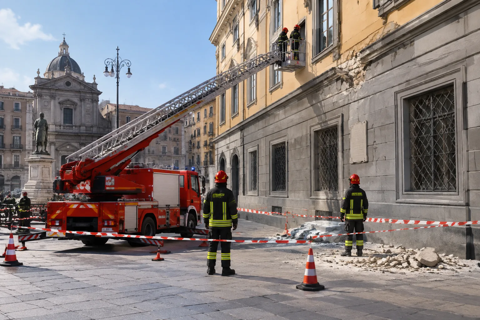 Calcinacci dalla facciata del Liceo Genovesi: intervento dei Vigili del Fuoco in piazza del Gesù
