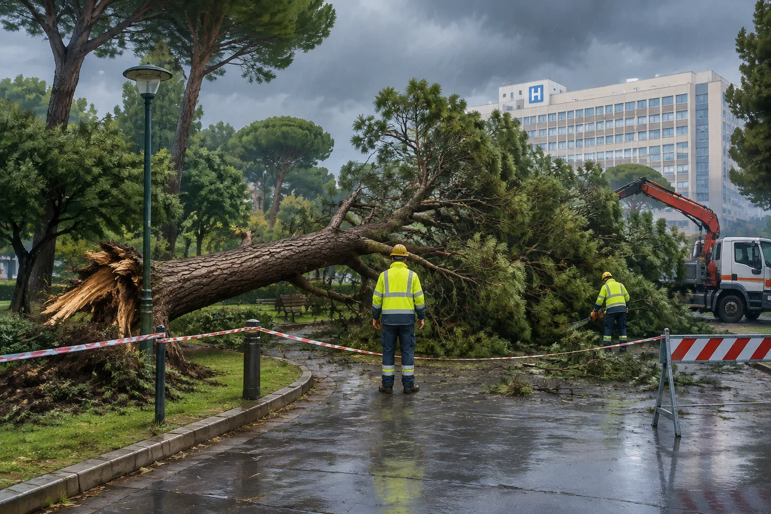 Crolla un pino secolare nel parco del Cardarelli durante il maltempo
