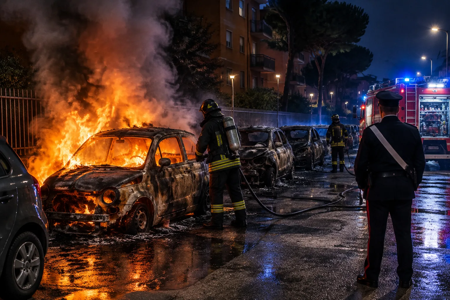 Notte di fuoco in via Mondolfo a San Basilio: sei auto distrutte, indagini in corso
