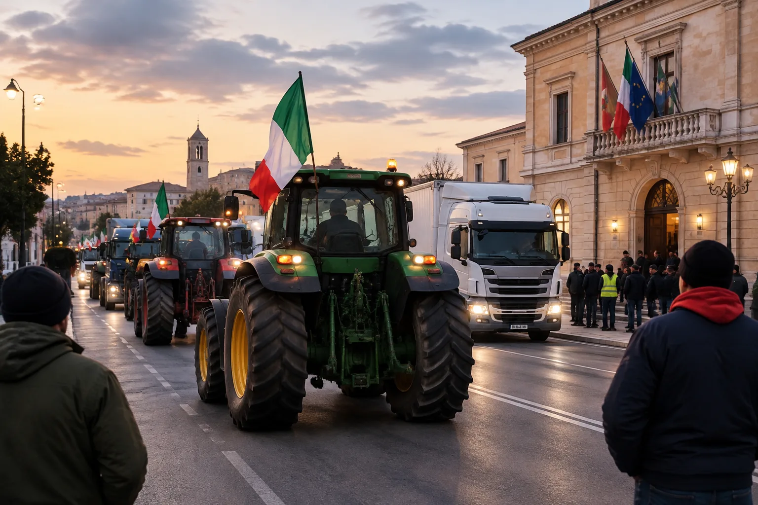 Corato, corteo di trattori e camion: agricoltori e autotrasportatori occupano le strade