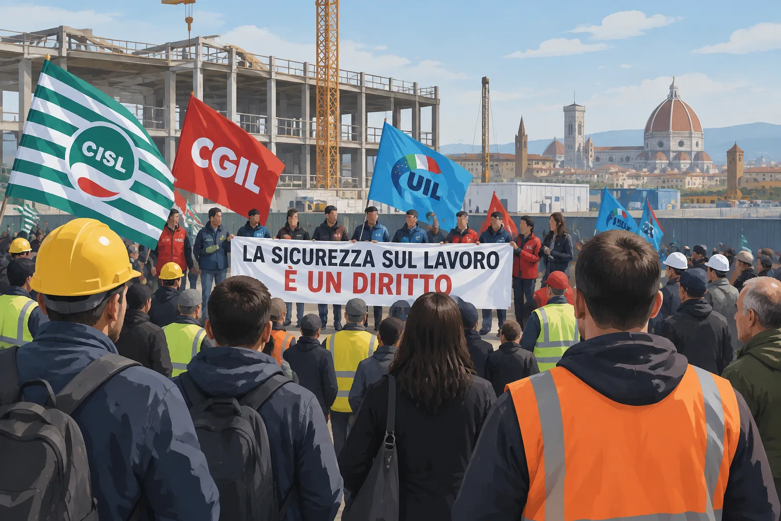 Presidio sindacale a Firenze dopo la morte dell'operaio Ayoub Abourabil nel cantiere Foster-Belfiore
