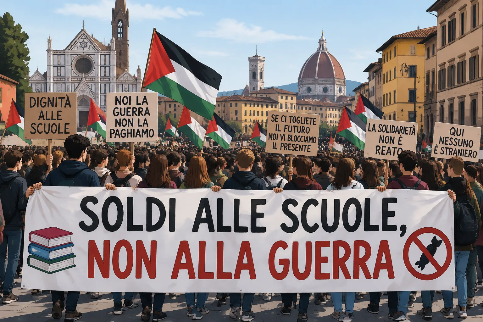 Oltre 2mila studenti in corteo a Firenze: «Soldi alle scuole, non alle armi»
