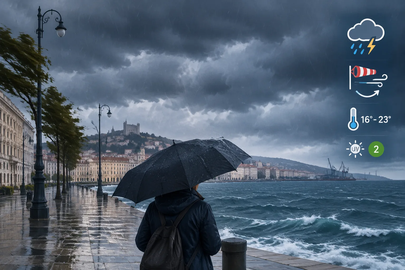 Maltempo a Trieste: previste piogge abbondanti e vento meridionale l'8 ottobre