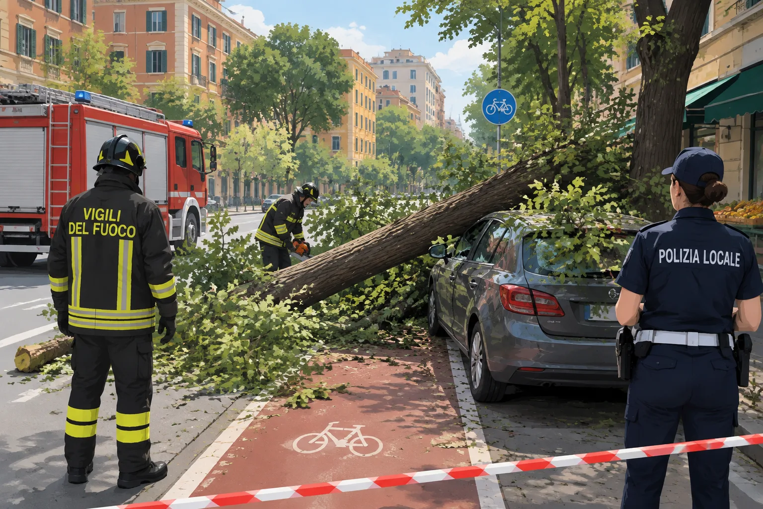 A San Giovanni un albero crolla sulla ciclabile: danneggiata un'auto in sosta