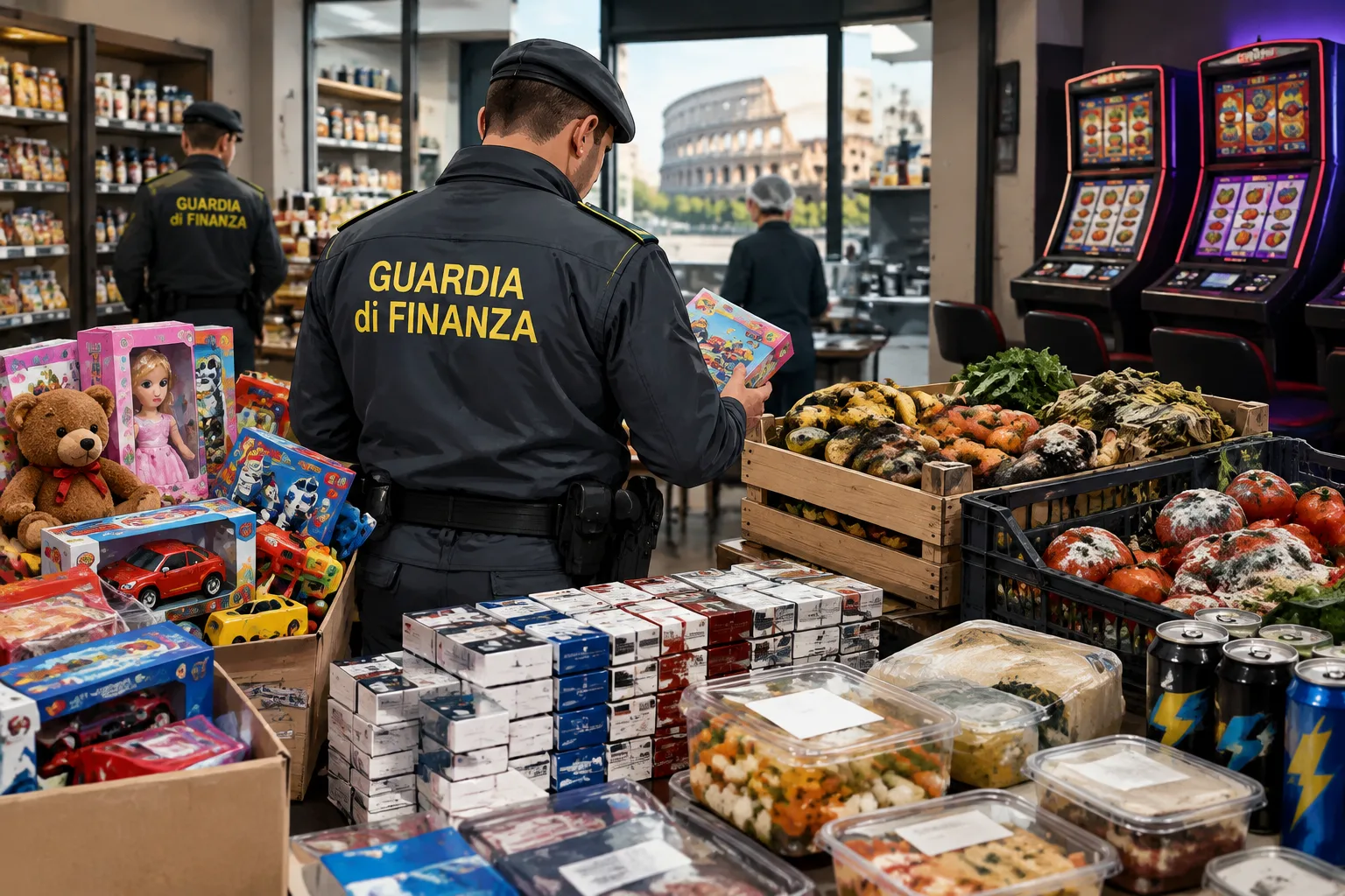 Blitz delle Fiamme Gialle nel Municipio X: sequestri di giocattoli contraffatti, alimenti avariati e lavoro nero