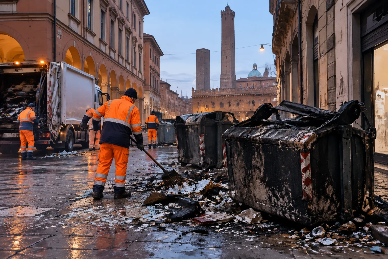 Scontri nel centro di Bologna: decine di cassonetti incendiati, Hera ripulisce le strade