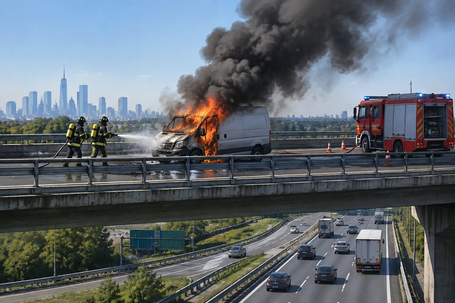Furgone prende fuoco sul ponte della ex SS11 sopra la tangenziale Ovest: fumo nero visibile a distanza