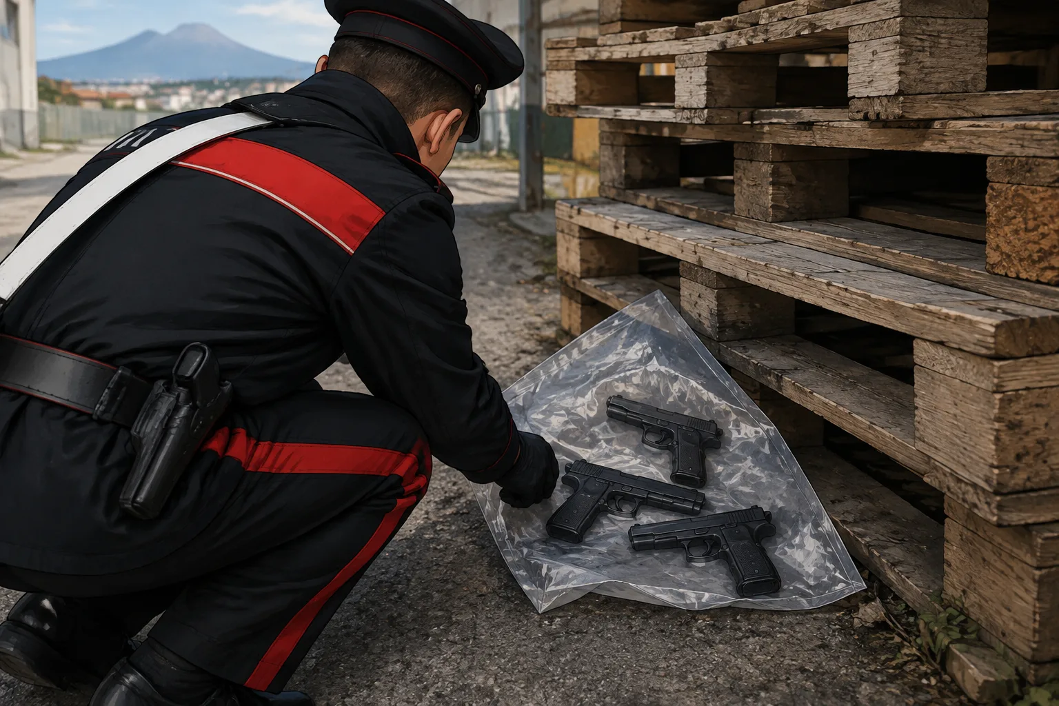 A Casoria trovate tre pistole a salve prive del tappo rosso nascoste dietro dei bancali
