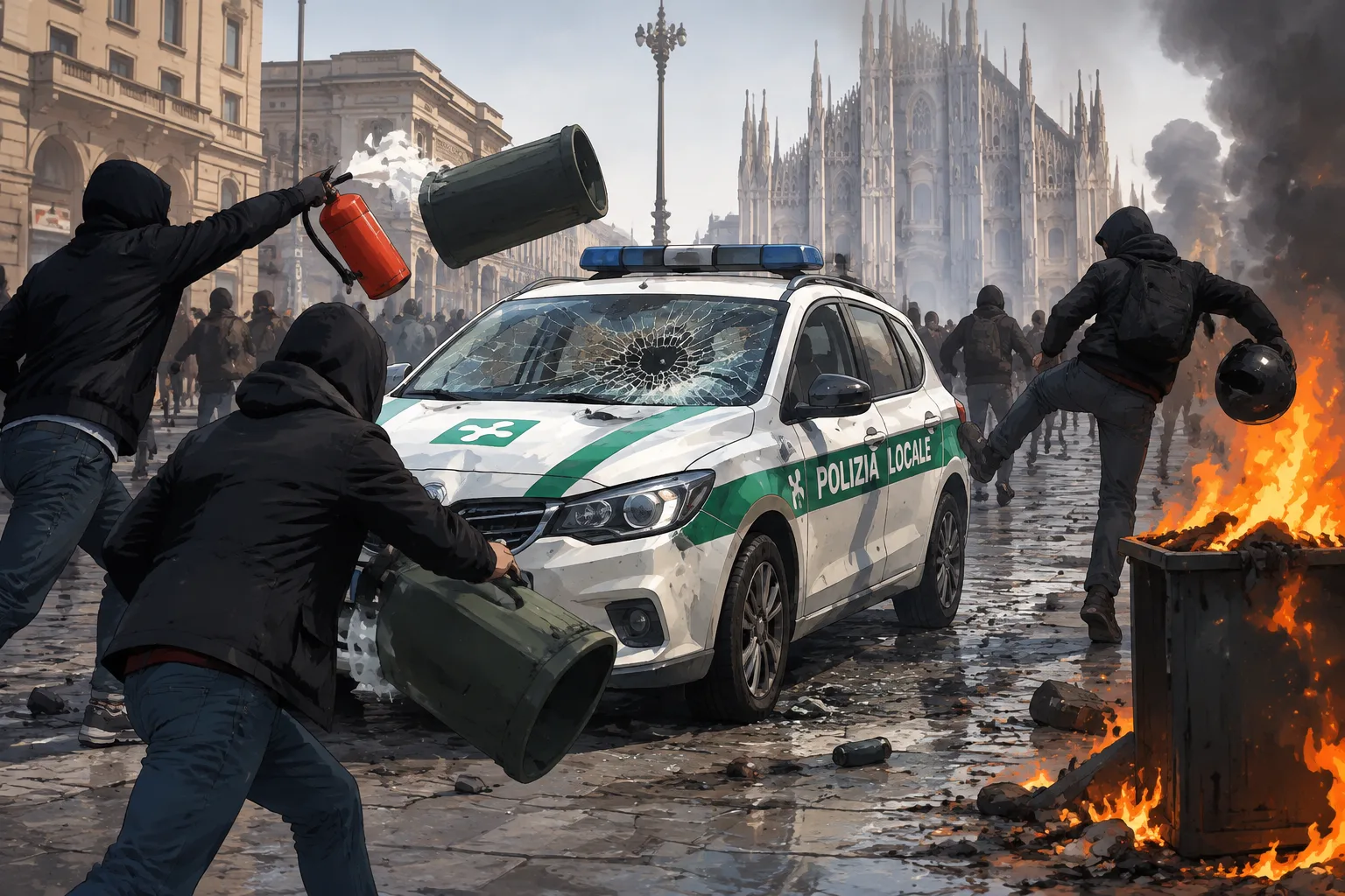 Milano: assalto a un'auto della Polizia Locale durante gli scontri in centro
