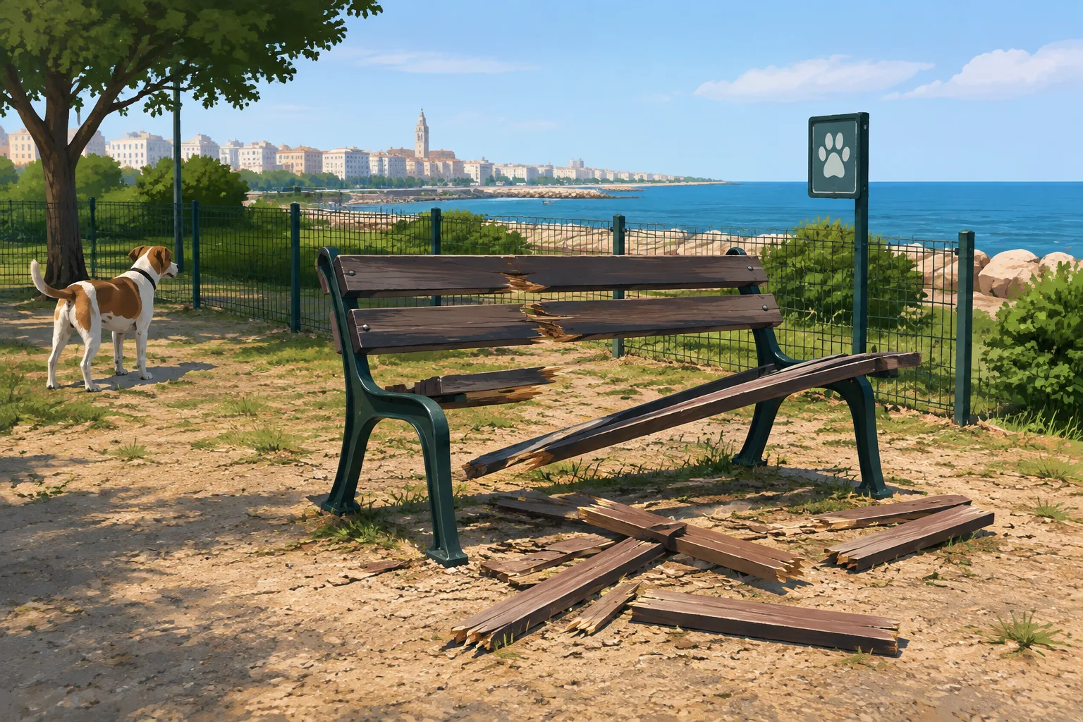 Panchina distrutta nel giardino 'Veterani dello Sport' vicino a Pane e Pomodoro