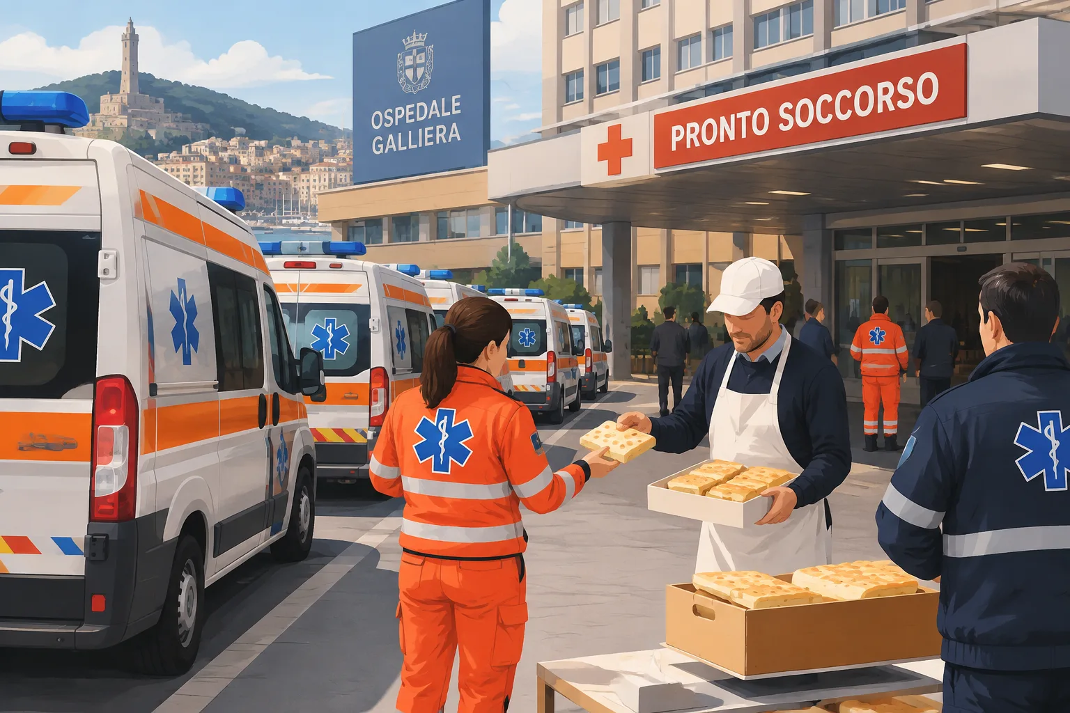 Ambulanze in coda al pronto soccorso del Galliera: panificio offre focaccia agli equipaggi