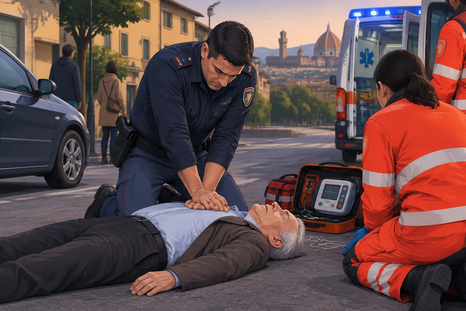 Poliziotto fuori servizio salva un 77enne colto da arresto cardiaco in via Giotto a Scandicci