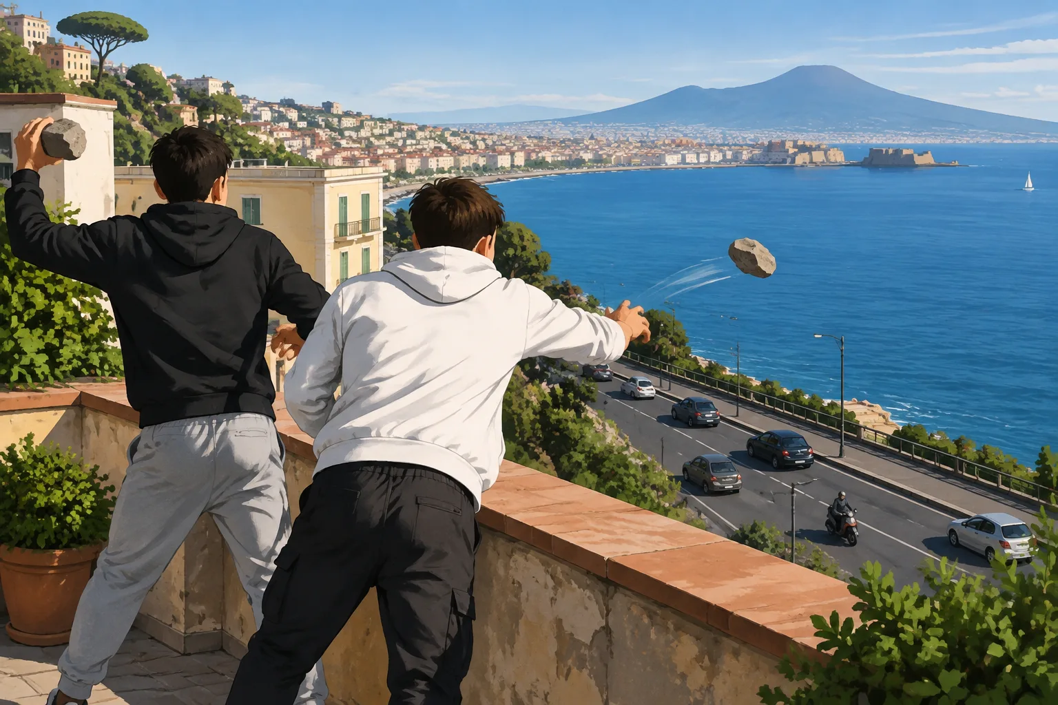 Video da Posillipo: due giovani lanciano pietre dalla terrazza, il filmato diventa virale