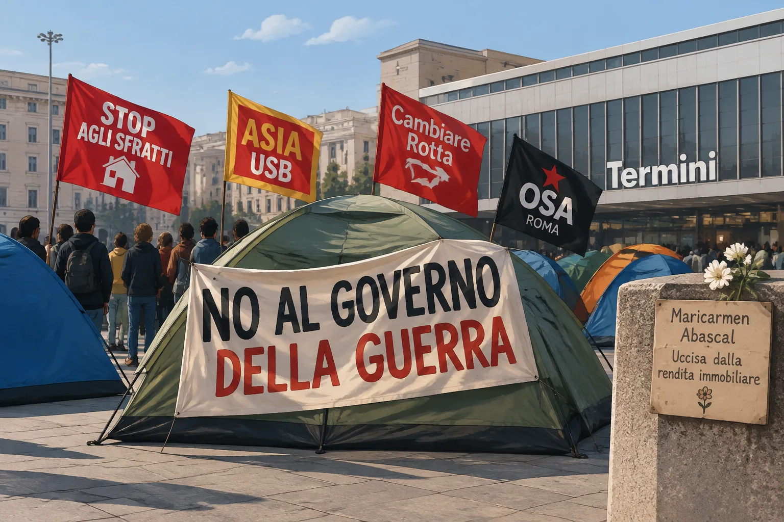 Tende contro la crisi abitativa anche a piazza dei Cinquecento, davanti a Termini