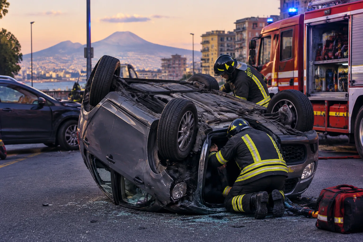Auto si ribalta in via Marconi a Fuorigrotta, conducente intrappolato
