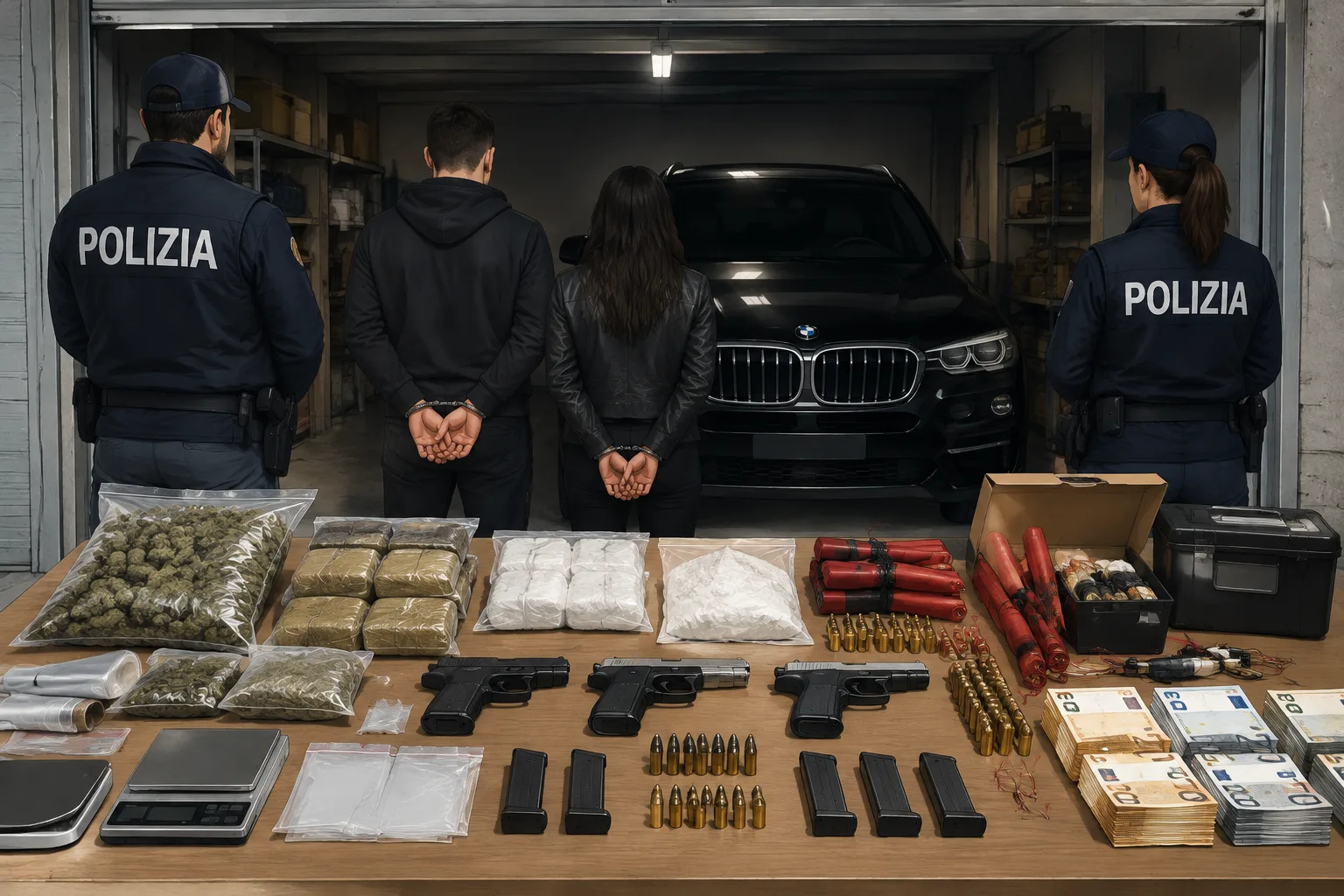 Quasi due chili di droga, armi ed esplosivi in un box a Bitonto: arrestati marito e moglie