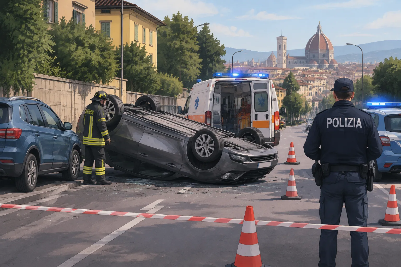 Auto si ribalta in via Pistoiese: strada chiusa e rallentamenti in direzione Firenze