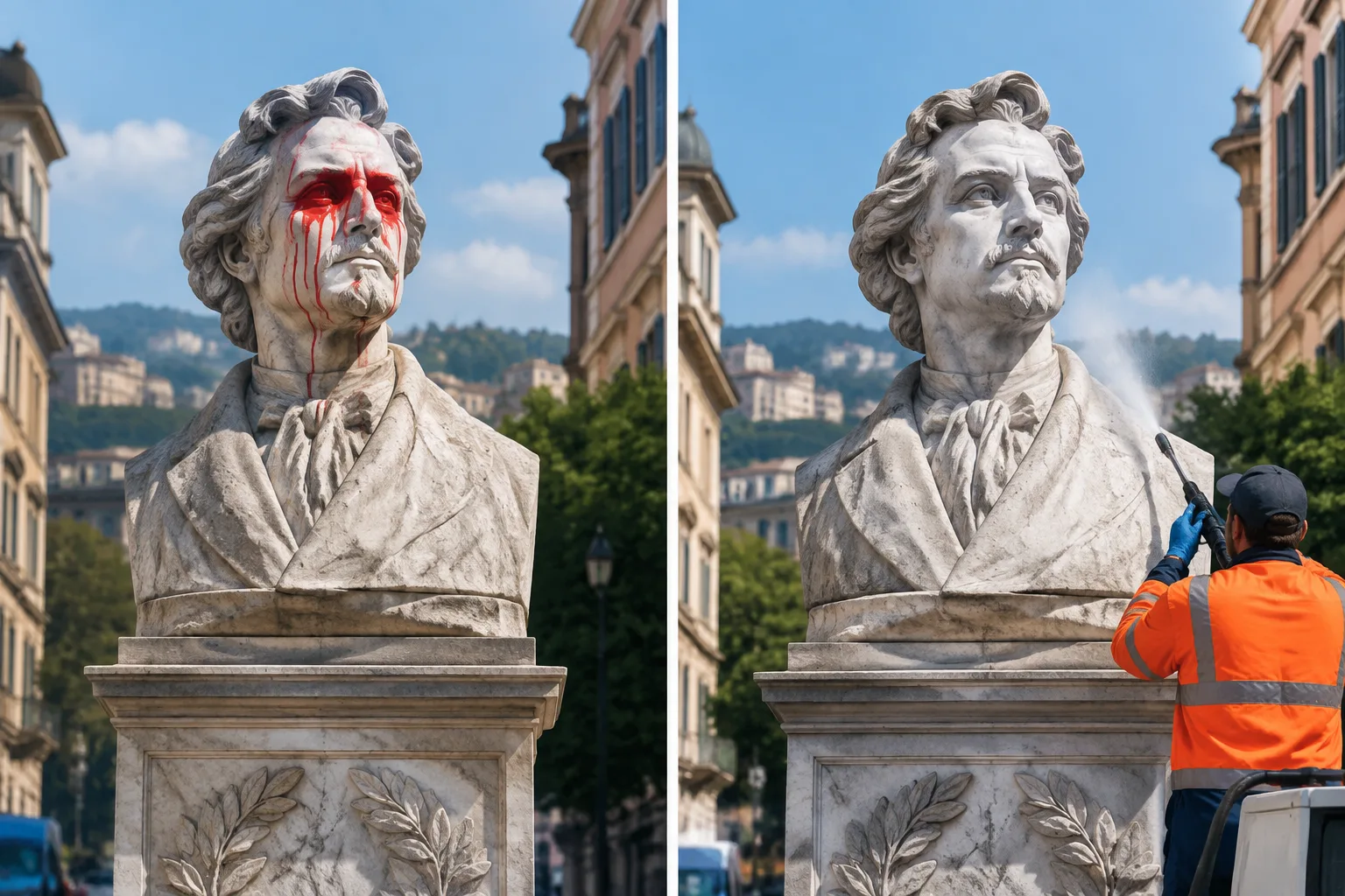 Vernice rossa sul monumento a Goffredo Mameli in via XII Ottobre: Aster ha ripulito il sito