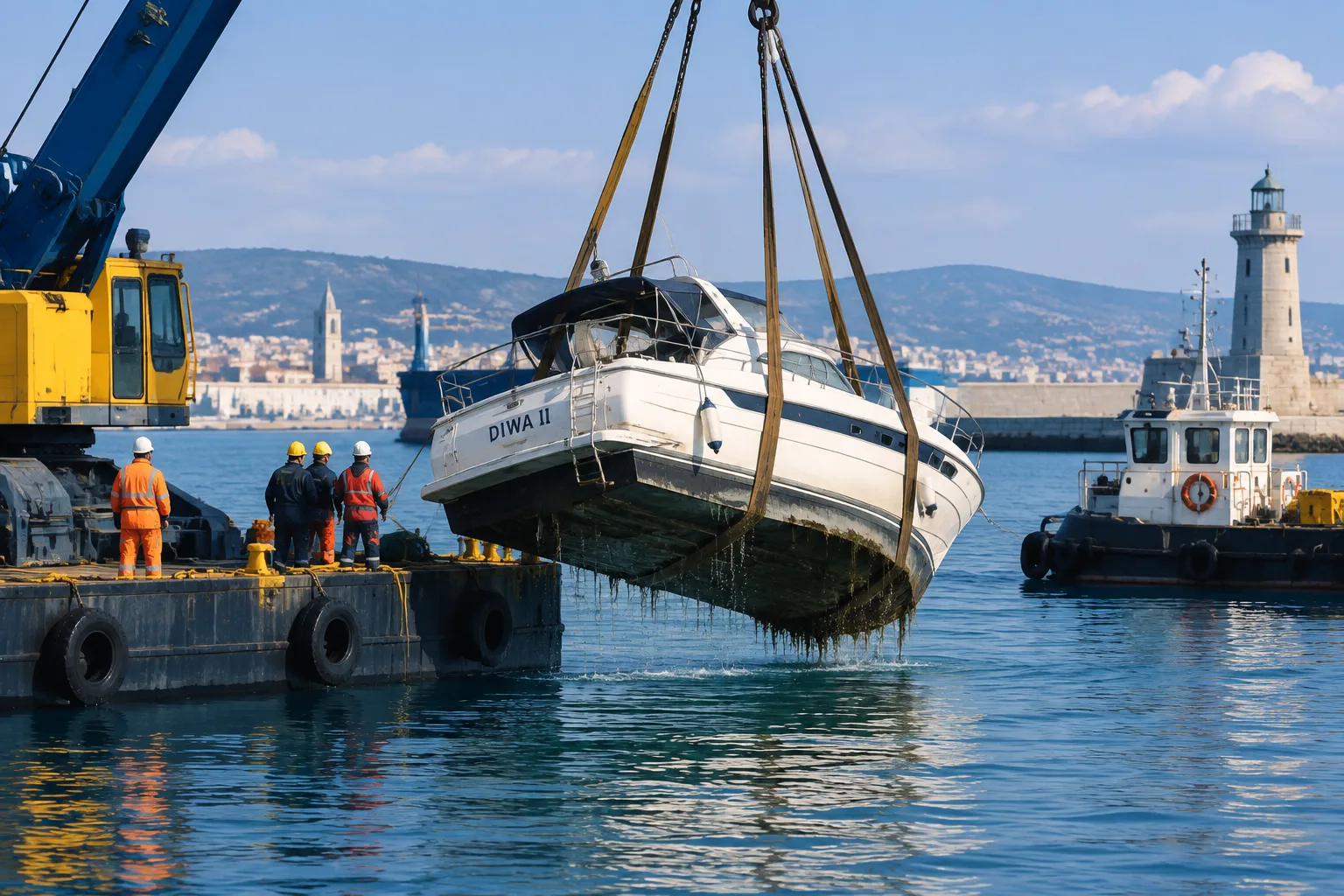 Recuperata la barca DIWA II affondata davanti alla diga Luigi Rizzo