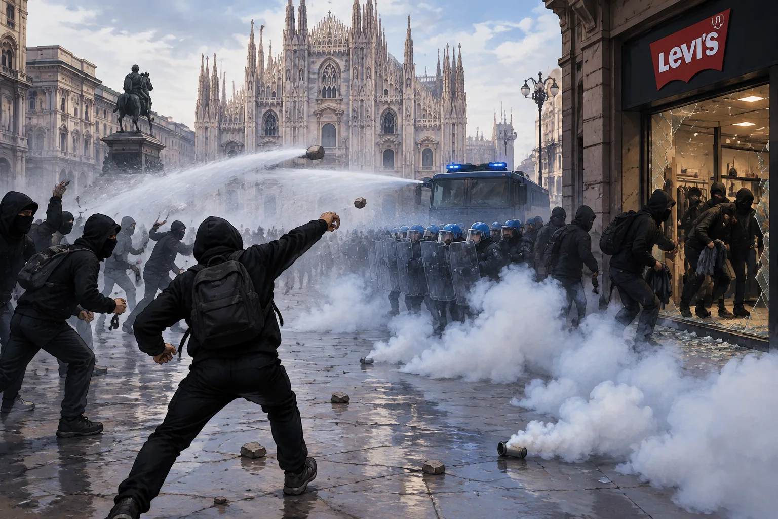 Scontri nel centro di Milano: polizia usa idranti e lacrimogeni dopo assalti
