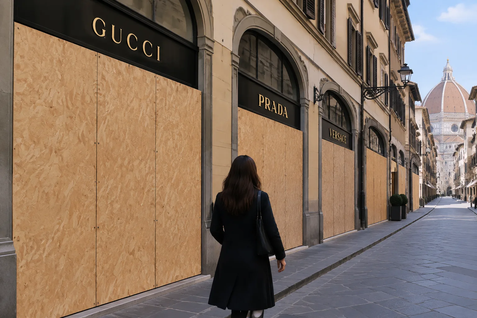 Via Tornabuoni, boutique protette con pannelli in vista della manifestazione del 24 ottobre