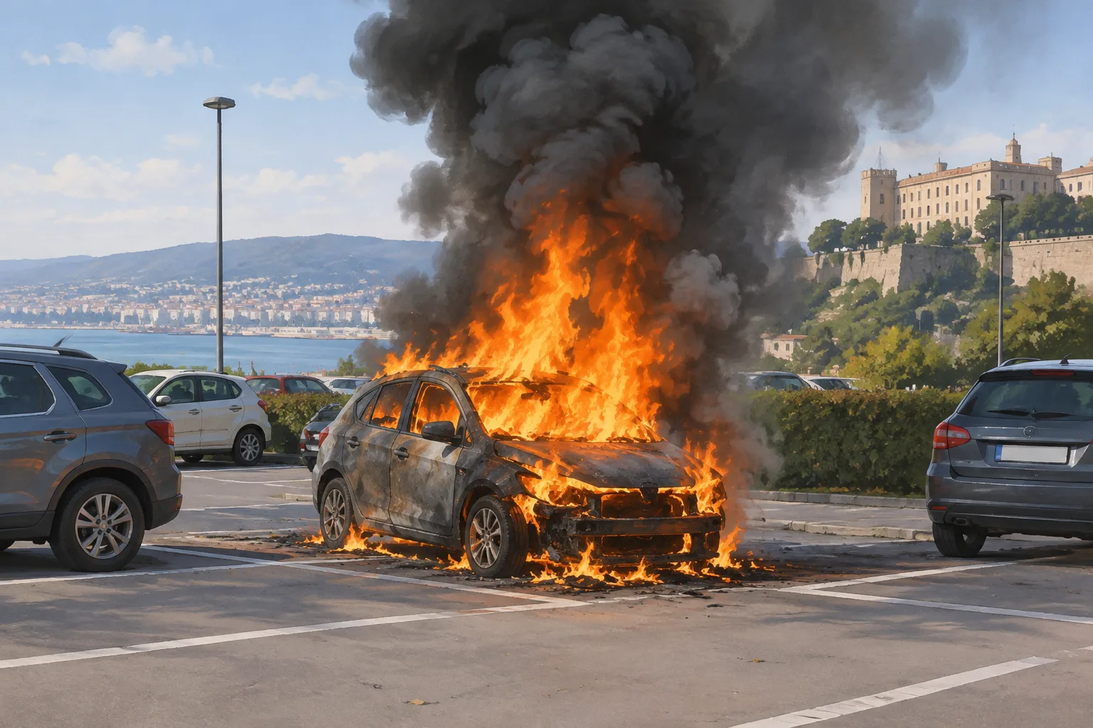 Auto in fiamme nel parcheggio della Napoleonica a Trieste
