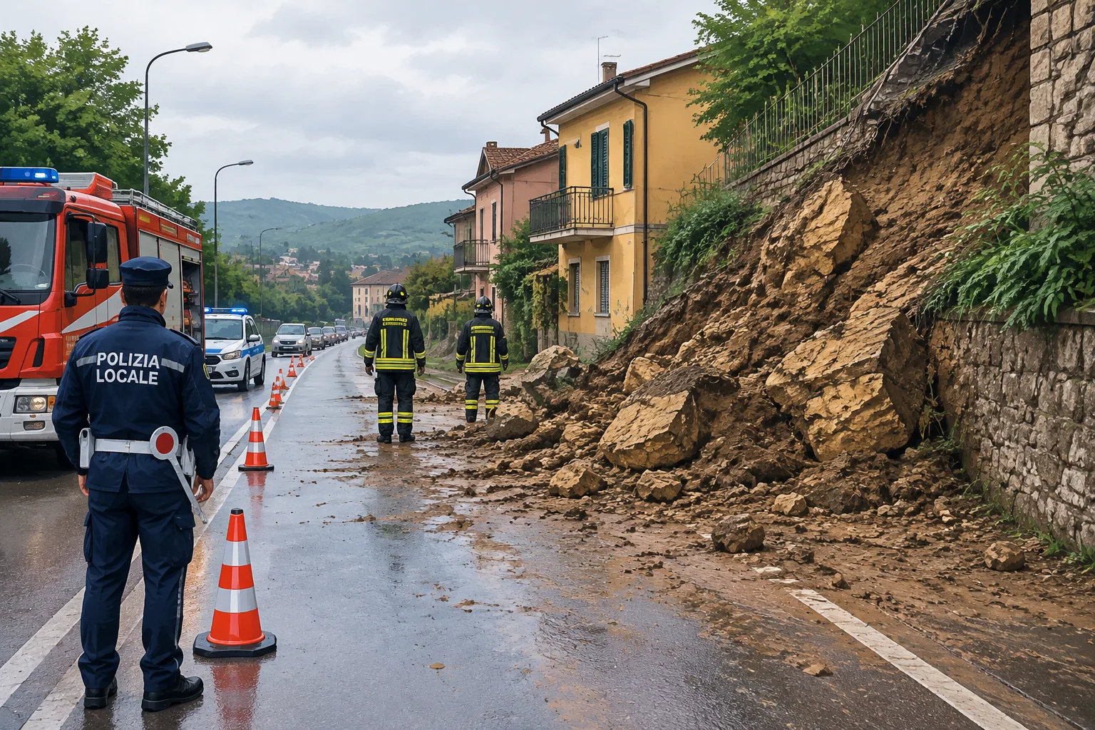 Frana sulla via Prenestina a Valmontone: tufo e fango a ridosso delle case