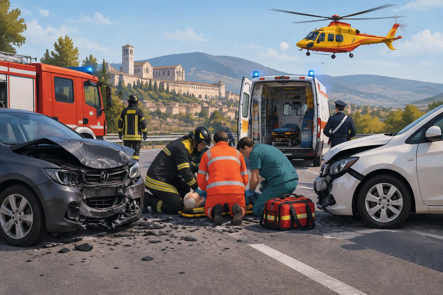 Frontale a Santa Maria degli Angeli: 91enne trasferito in condizioni gravissime a Perugia