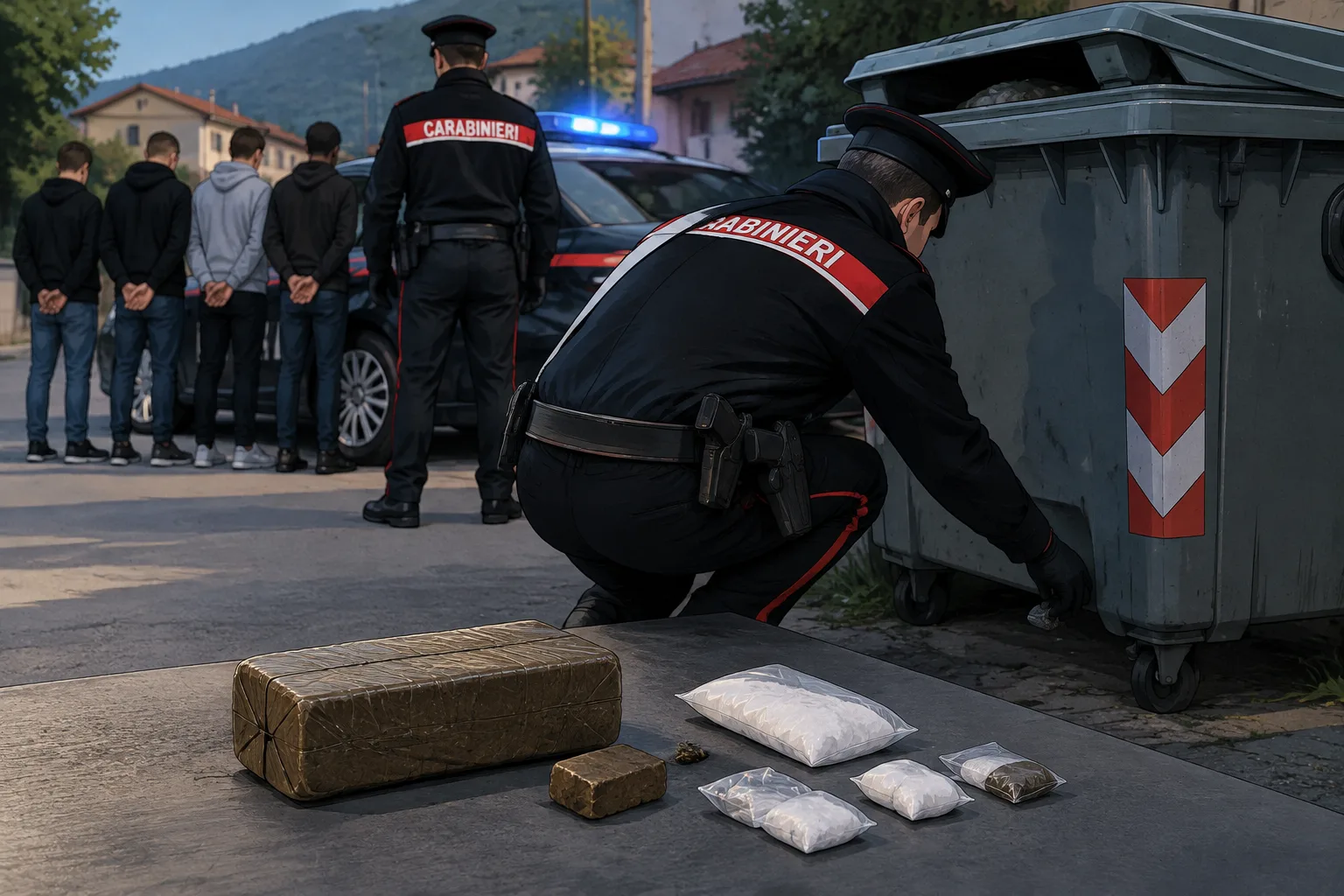Rioveggio, arrestati quattro giovani: sotto un cassonetto mezzo chilo di droga