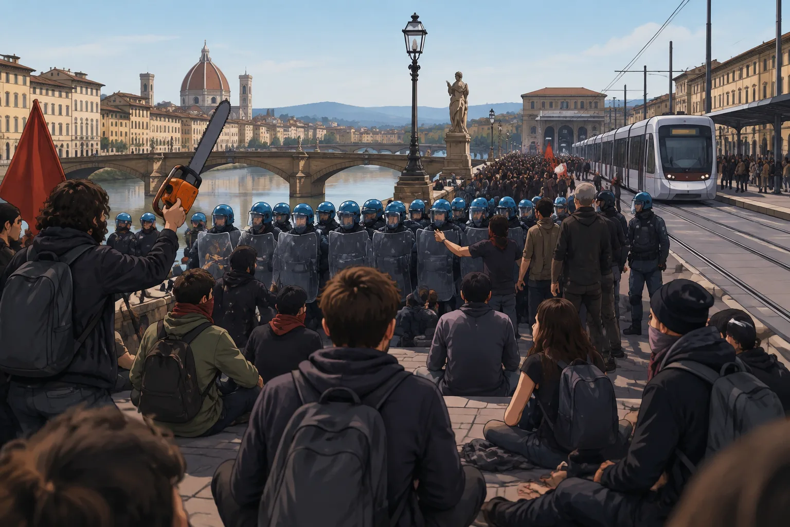Tensione in centro a Firenze: manifestanti bloccati su Ponte Santa Trinita e binari della tramvia occupati
