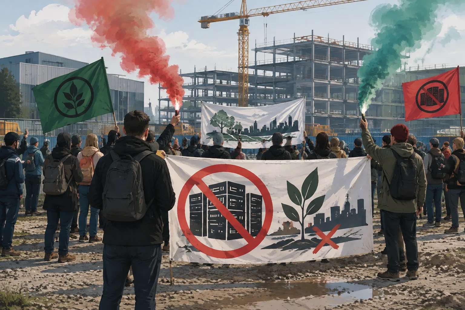 Blitz nel cantiere ex Nilit‑Radici a Rho: fumogeni e striscioni contro i nuovi data center