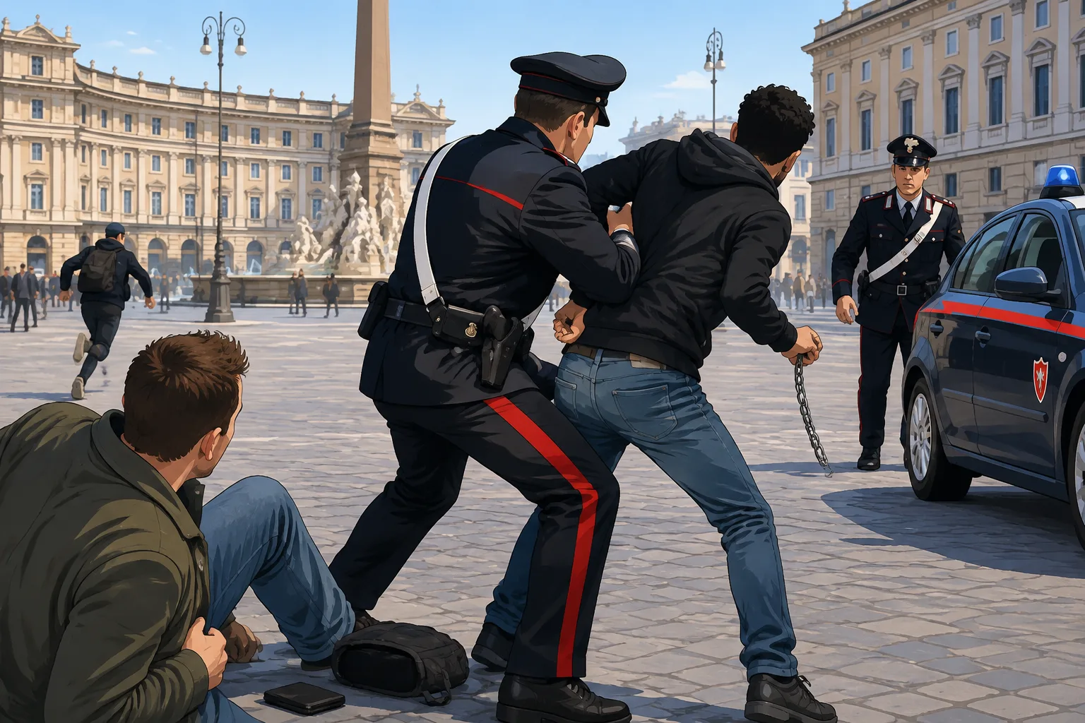 Piazza della Repubblica: turista derubato e colpito con una catena, carabiniere libero dal servizio blocca il presunto autore