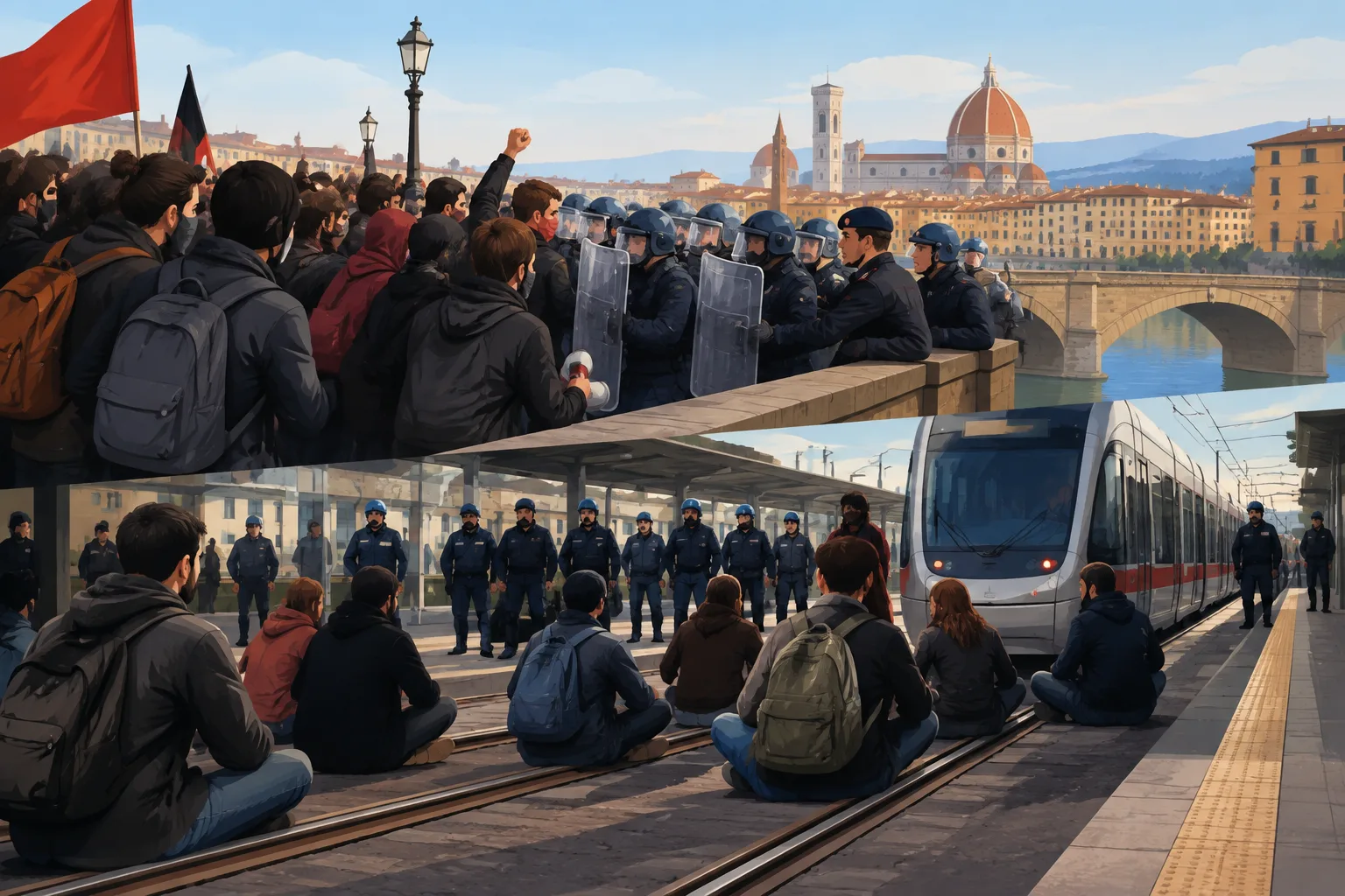 Corteo a Firenze: tensione su ponte Santa Trinita e sit-in sui binari della tramvia