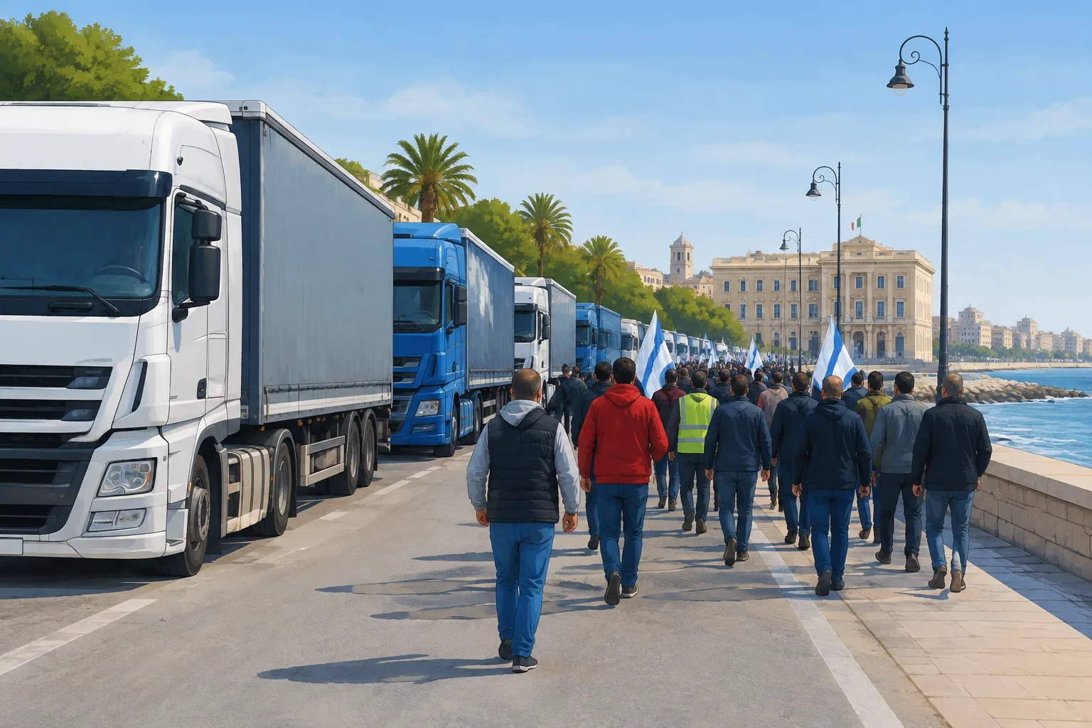 Protesta degli autotrasportatori: 35 tir parcheggiati all'ingresso del lungomare di Bari