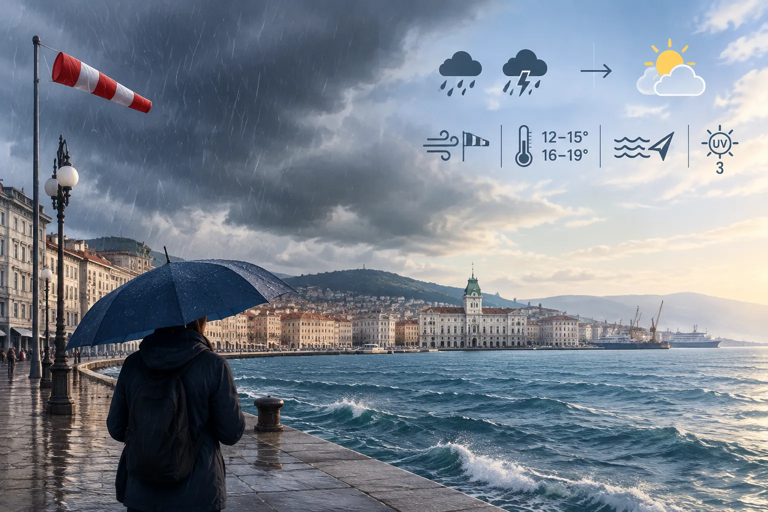 Piogge notturne e Bora sostenuta, miglioramento nel pomeriggio: meteo a Trieste del 22 ottobre